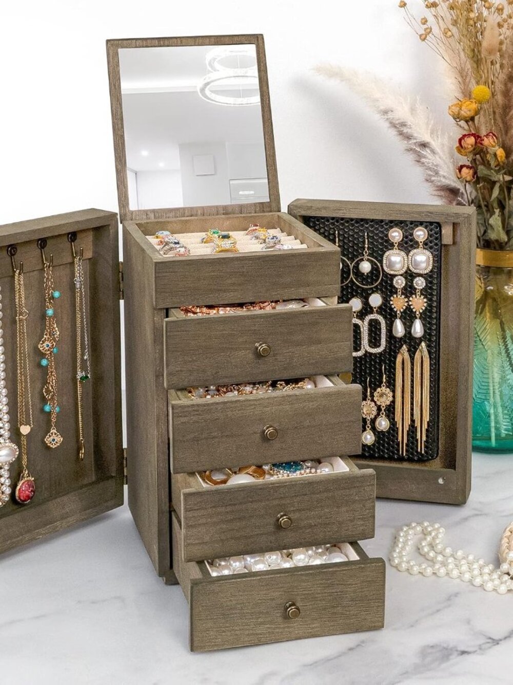 Elegant 5-Layer Wooden Jewelry Box with Mirror & 4 Drawers - Vintage Grey
